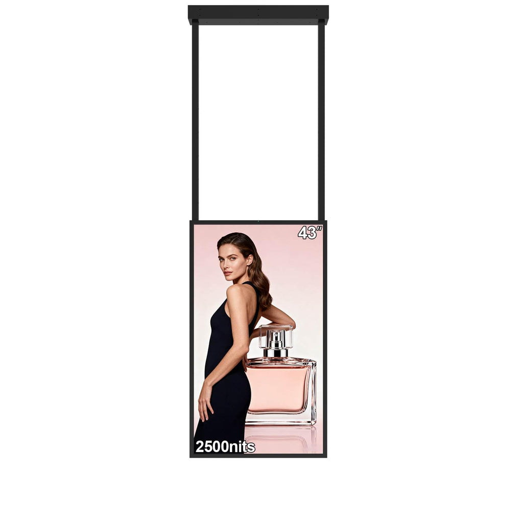 43Inch Window Digital Signage Hanging Advertising Display, 2500nits High Brightness Indoor Digital Signage, CMS/U-Disk Plug&Play, Smart Split Screen, 24/7 Operation, HDMI/USB/WiFi/Android System