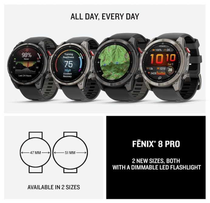 Wearable4U Garmin Fenix 8 Pro – 51mm AMOLED LTE & Satellite Connected Multisport GPS Smartwatch, inReach Technology: Sapphire Carbon Gray DLC Titanium w/Black-Pebble Gray Silicone Band Power Bundle