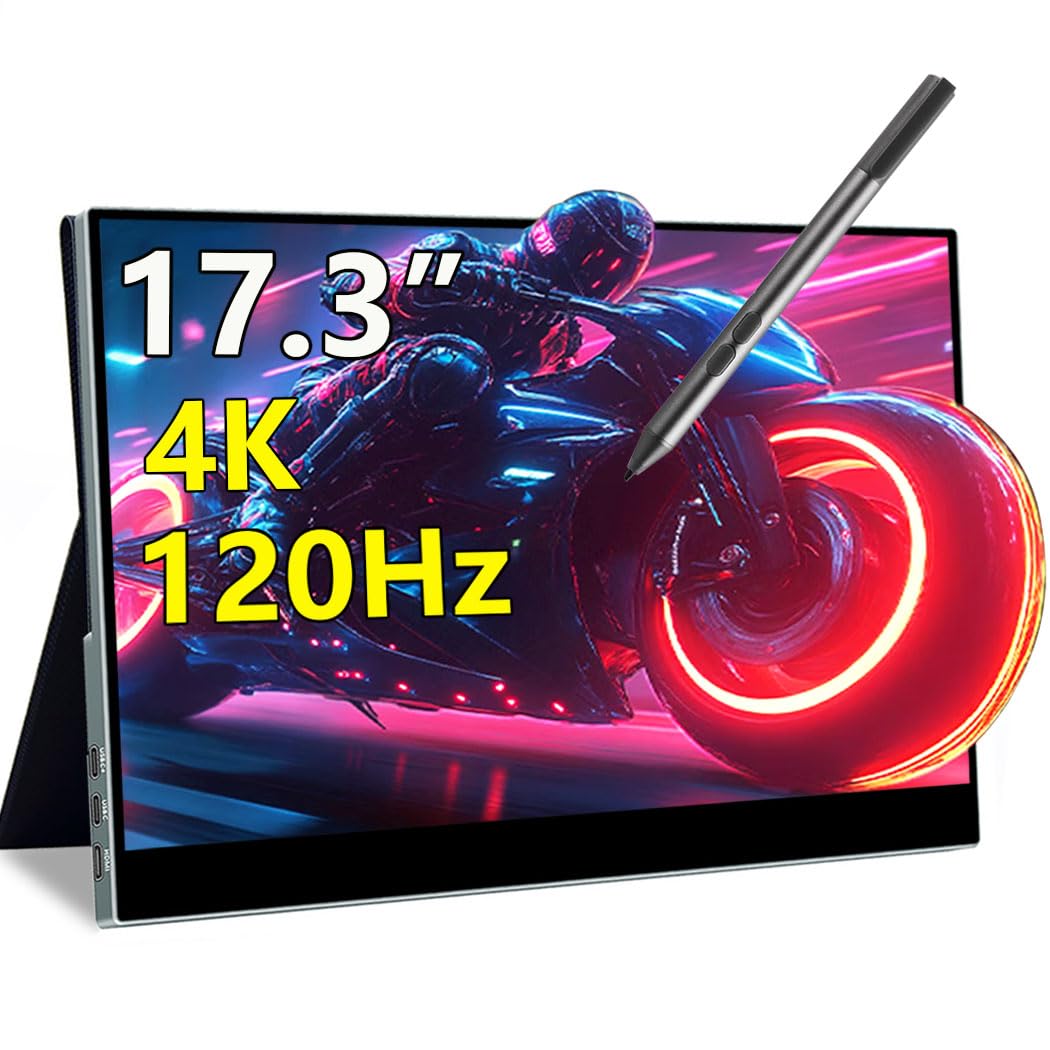 17.3" 4K Portable Monitor Touchscreen, 120Hz UHD Gaming Display 3840x2160 with MPP Stylus Support, 100% DCI-P3, HDMI 2.1 USB-C, VESA External Screen for Laptop Console PC