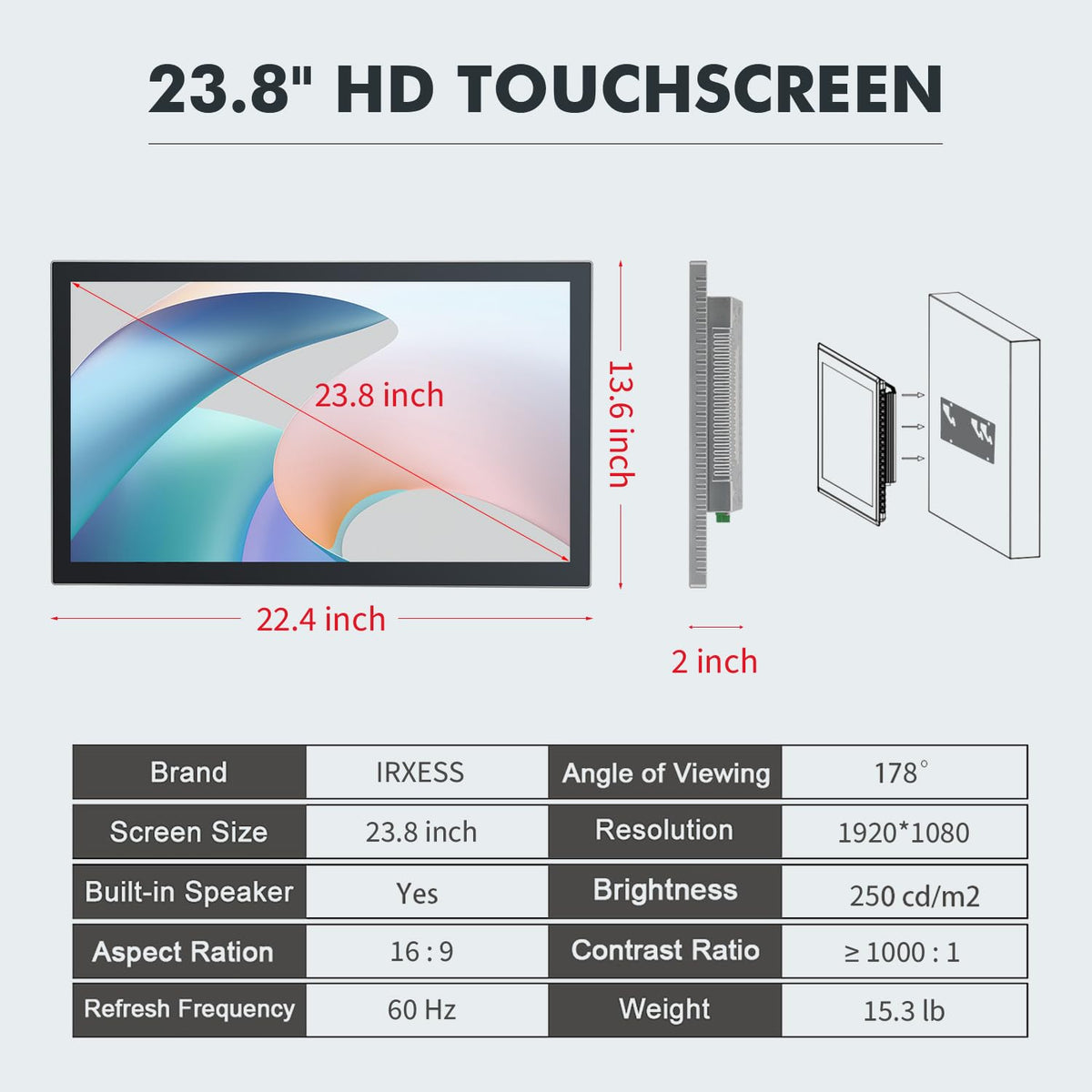23.8" Touchscreen Monitor,Ratio 16:9 Wall Mounted Industrial Touch Screen Tablet with HD-MI Out,WiFi & BT,Build-in Speakers & VESA，Android 14 RAM 8G & ROM 128G Suitable for POS，Kitchen