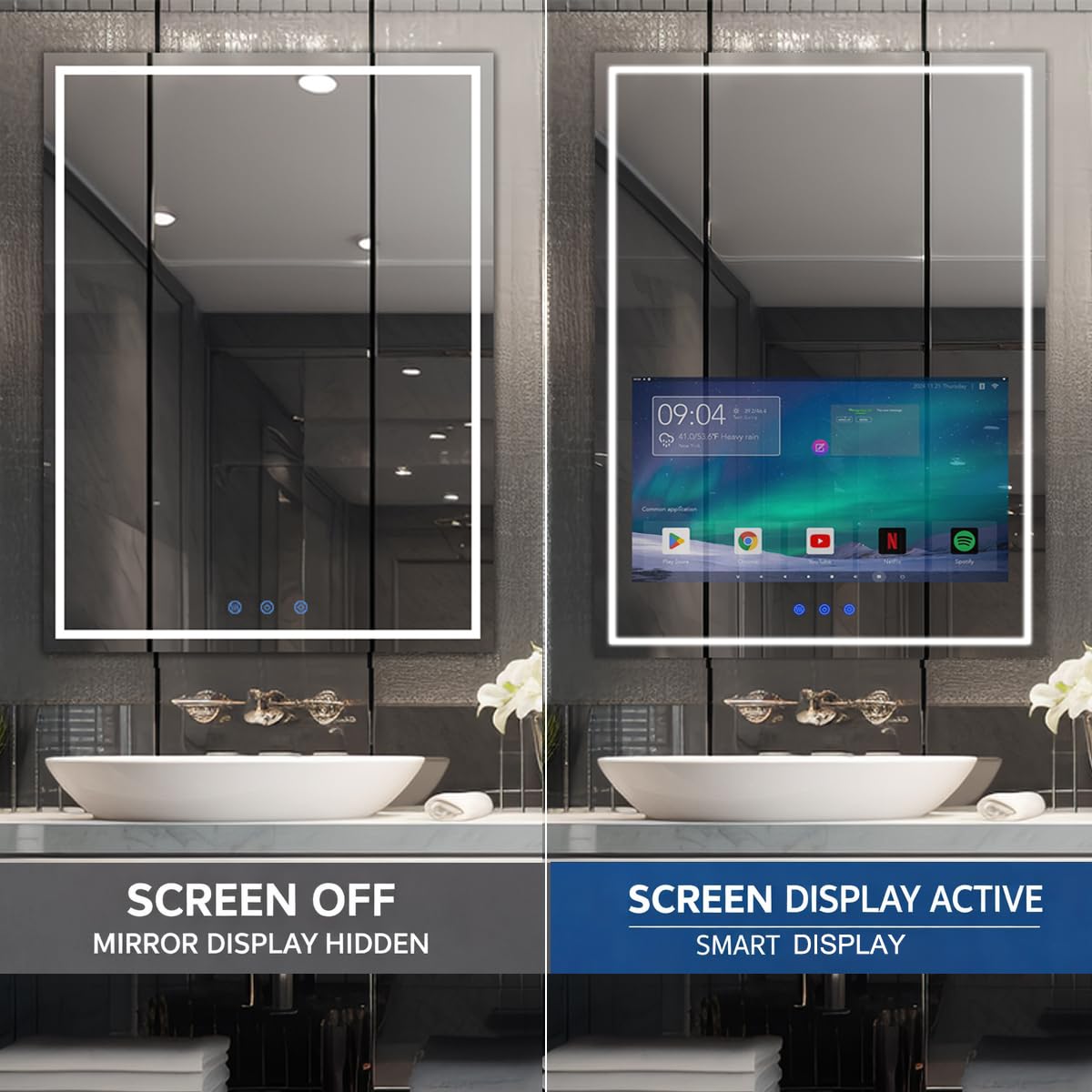 24x32 Inch LED Smart Bathroom Mirror with 21.5" Hidden Touchscreen System