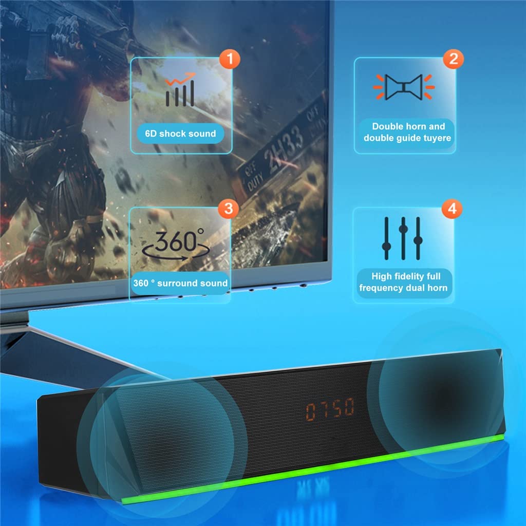 2x5W Desktop Speaker BT5.0 Soundbar Alarm Clock Time Display Support AUX in TF Card for TV Latop PC Smartphone
