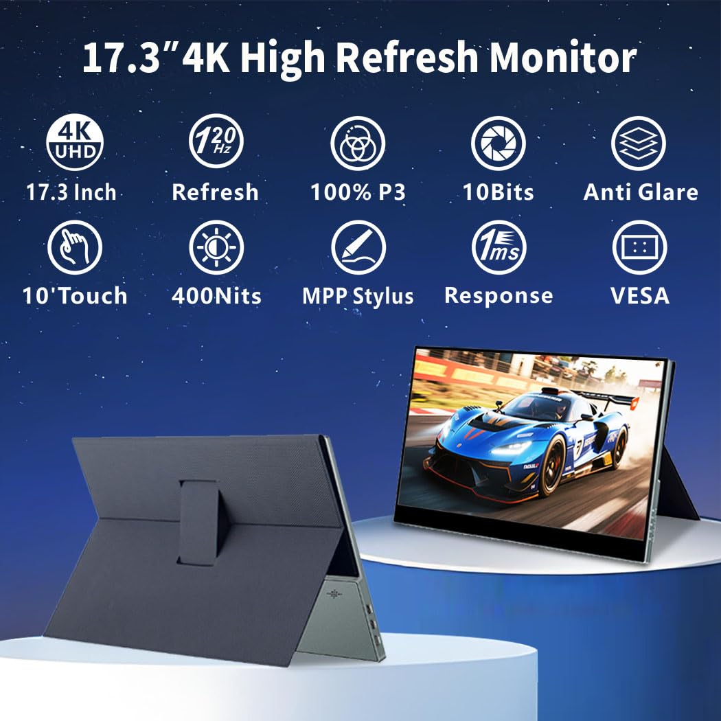 17.3" 4K Portable Monitor Touchscreen, 120Hz UHD Gaming Display 3840x2160 with MPP Stylus Support, 100% DCI-P3, HDMI 2.1 USB-C, VESA External Screen for Laptop Console PC