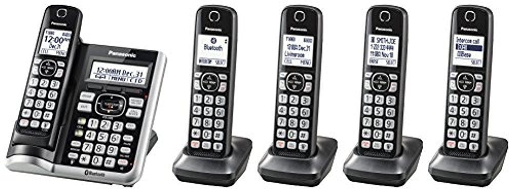 Panasonic Link2Cell Bluetooth Cordless Phone System with Voice Assistant, Call Block & Answering Machine, Battery Powered, Expandable Home Phone with 5 Handsets â€“ KX-TGF575S (Black with Silver Trim)
