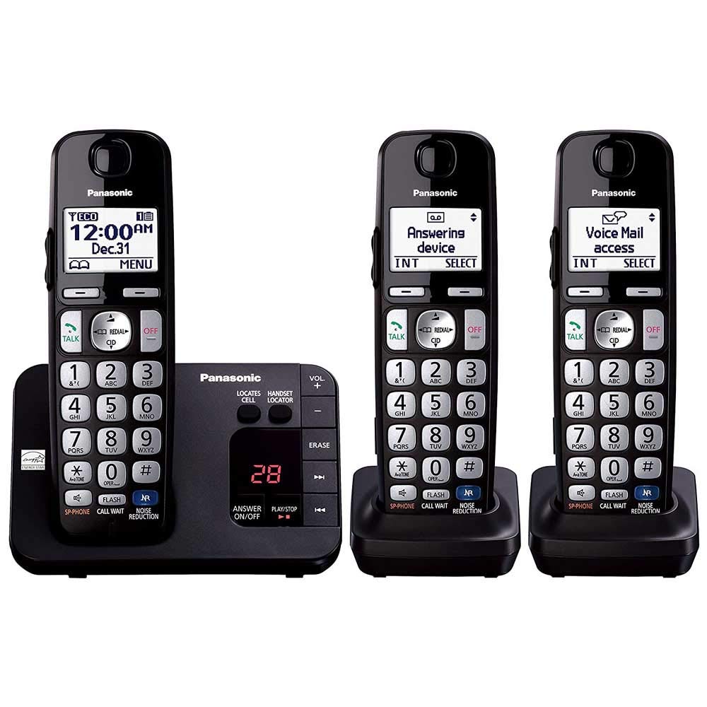 PANASONIC DECT 6.0 Expandable Cordless Phone System with Answering Machine, Noise Reduction, Speakerphone, Talking Caller ID and Call Blocking - 3 Handsets - KX-TGE233B (Black)