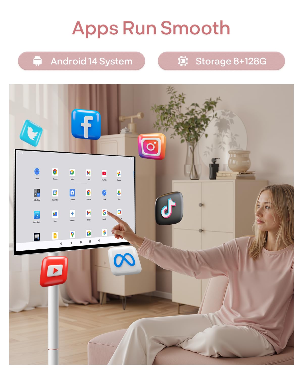 SYLVOX 27" Portable Tablet on Wheels, Smart Touchscreen Monitor Android 14