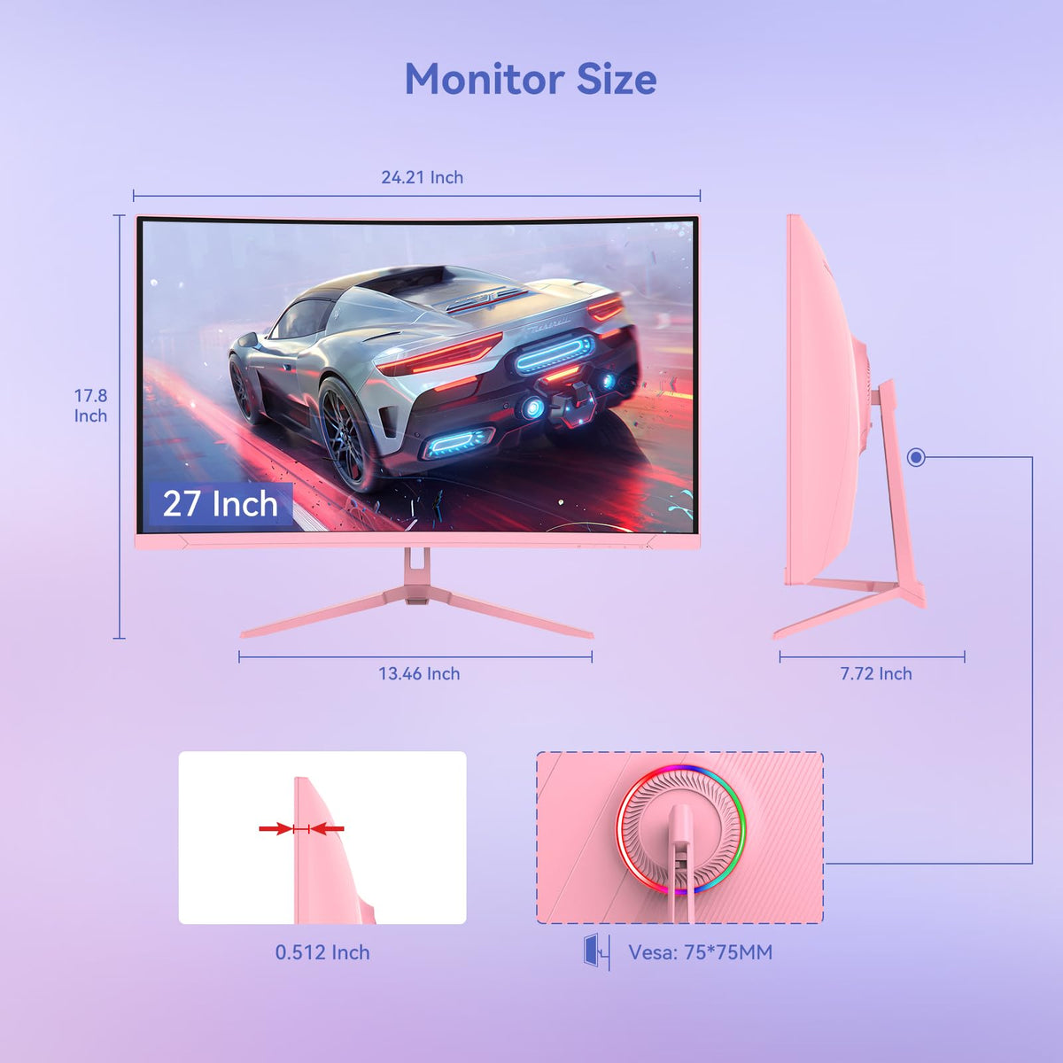 27 Inch Pink Curved Computer Monitor, FHD 1080P 100Hz, Eye Care