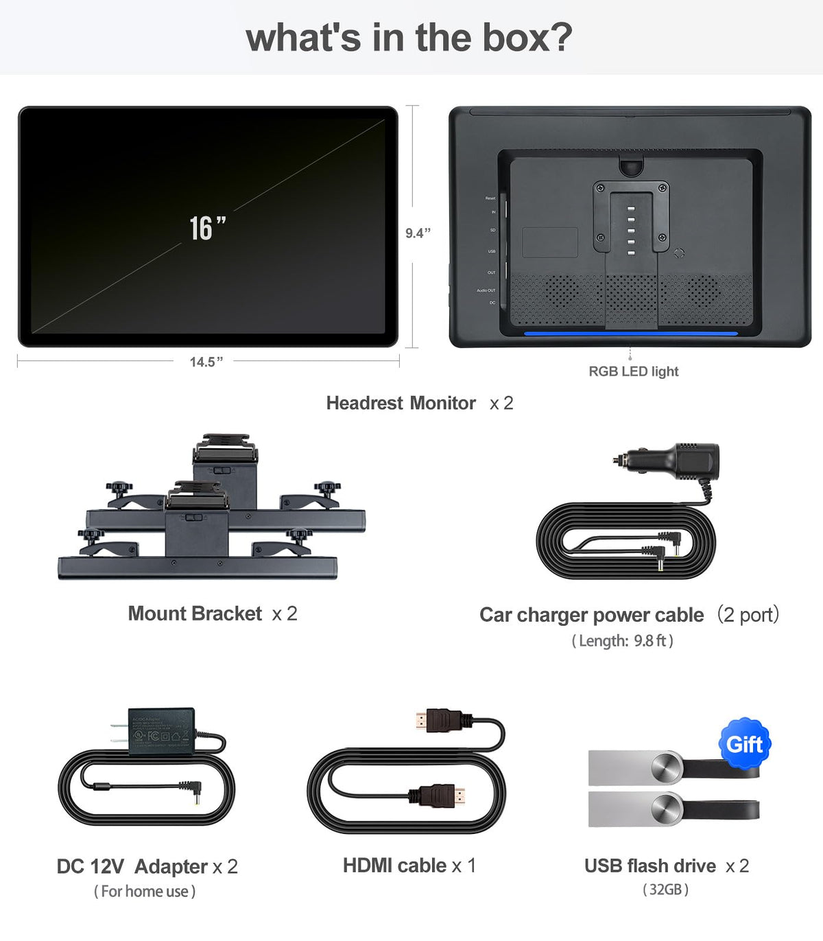 16" Android 13 Car TV Headrest Monitor(Pair),Car Rear Entertainment System
