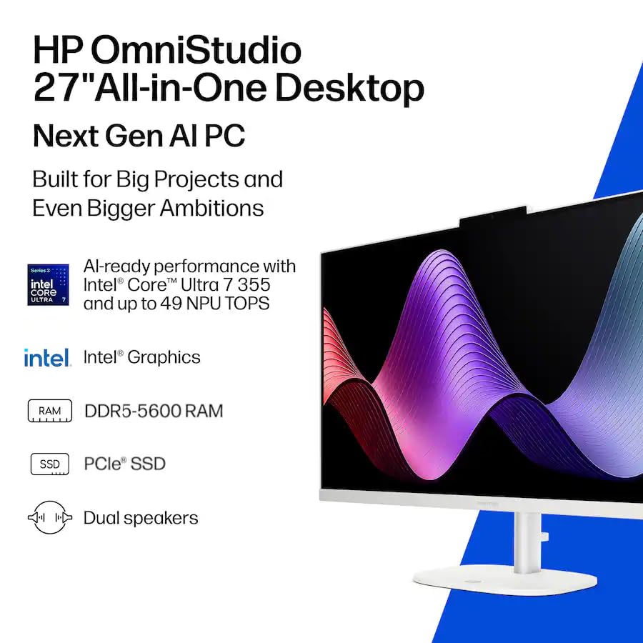 HP 27" Touchscreen All-in-One Desktop Computer, Office Pro Lifetime License, Intel Ultra 7 355 (Max 4.7GHz), 27 inch Anti-glare FHD, 64 GB DDR5 5600MHz, 4 TB SSD, Wi-Fi 7, Windows 11 Pro, Wireless Set
