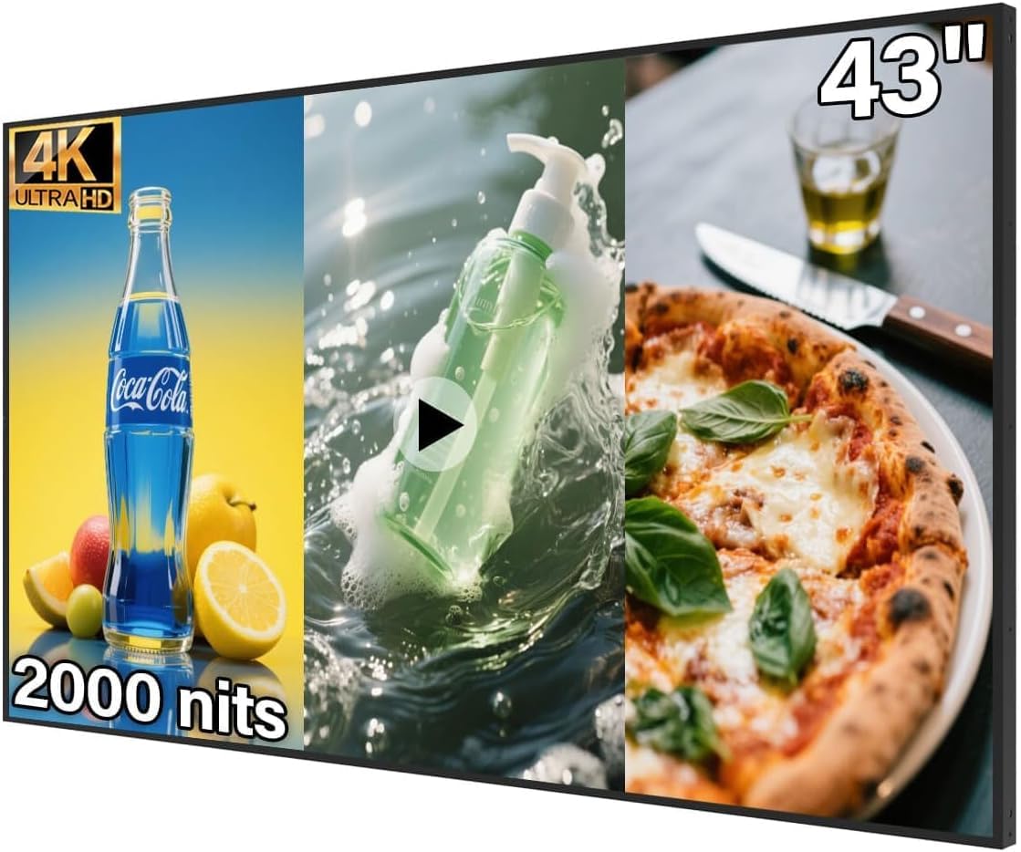 43inch Wall Mount Digital Signage, 4K 2500nits High Brightness Advertising Display, Slim Fit Frameless Digital Kiosk, CMS/Plug & Play Auto Play, 7/24 Timer Switch, Smart Split Screen Play