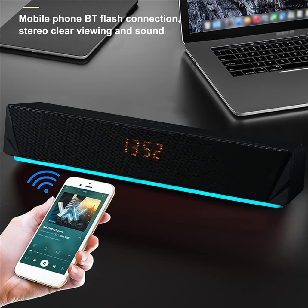 2x5W Desktop Speaker BT5.0 Soundbar Alarm Clock Time Display Support AUX in TF Card for TV Latop PC Smartphone