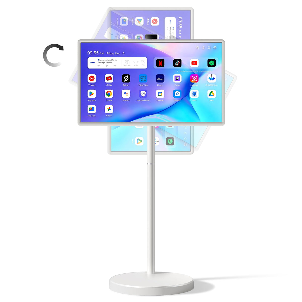 32 Inch Smart TV, Portable TV on Wheels with Rotatable Touch Screen, Rolling Stand, Built-in Battery, 8GB RAM + 128GB Storage, Dual-Band Wi-Fi, Bluetooth 5.0, Remote