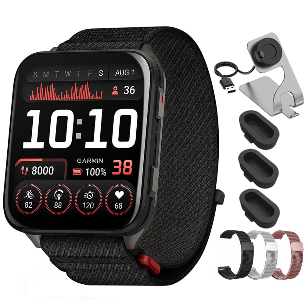 Garmin Venu X1 Premium GPS Smartwatch Black Titanium 010-02980-00 Bundle with Deco Essentials 24mm Milanese Band 3 Pack, Charging Dock and Silicone Dust Cover 3 Pack