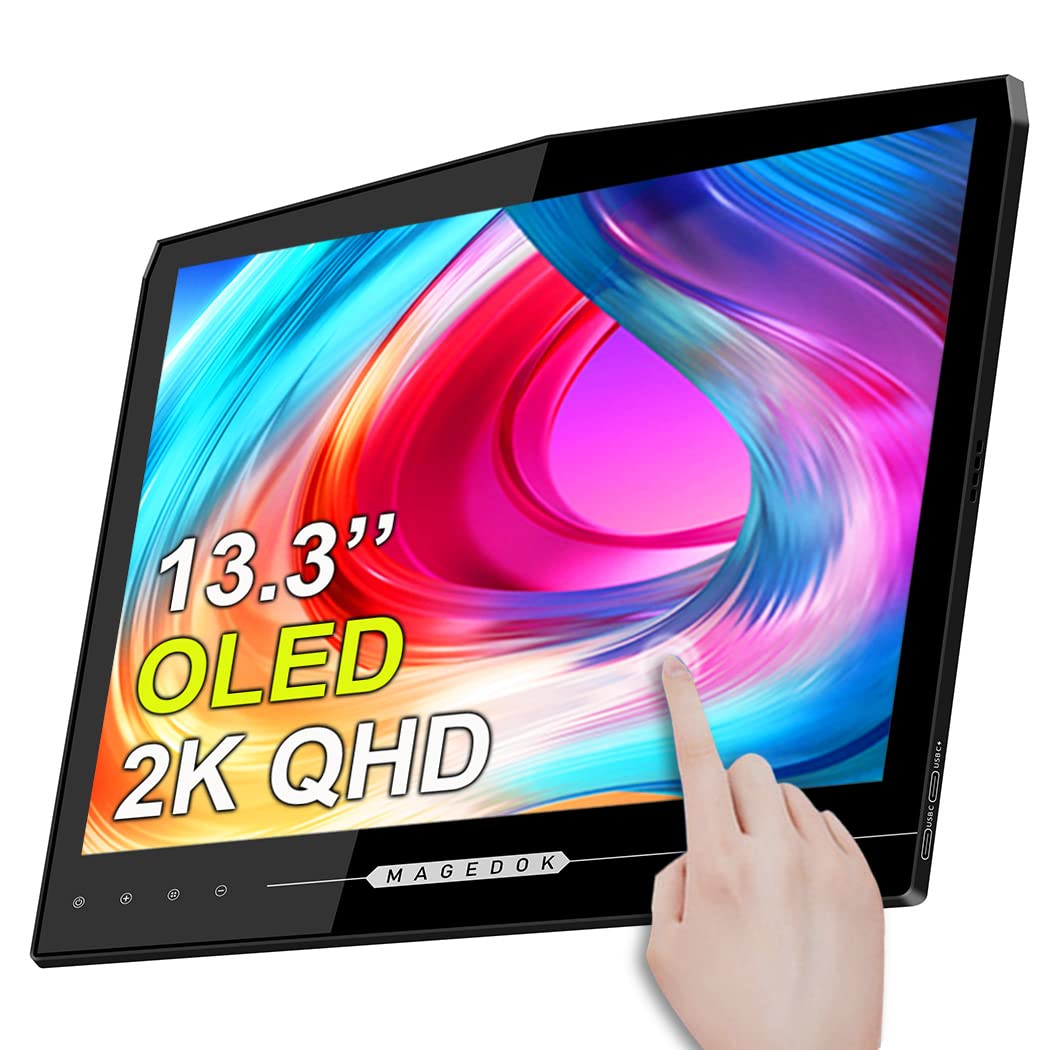 OLED Portable Touchscreen Monitor, 13.3" 2K 1MS Portable Gaming Monitor 100% DCI-P3 Ultra-Thin Computer External Display, External Second Screen USB C/HDMI with Smart Cover