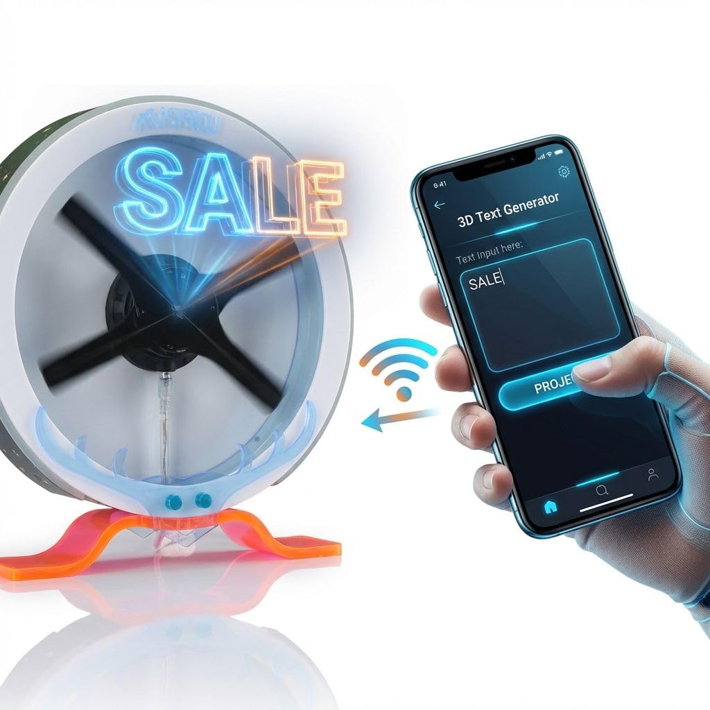 3D Hologram Fan WiFi Projector with Protective Cover & LED Strip, 11.9 Inch Hi-Res Holographic Display, App Control Custom 3D Text Video for Business Store Sign Bar Party Holiday Decoration