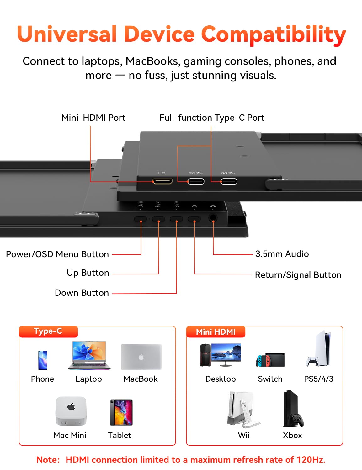 HotYeah 16" 2.5K 144Hz Portable Gaming Monitor, 2560x1600 QHD 125% sRGB