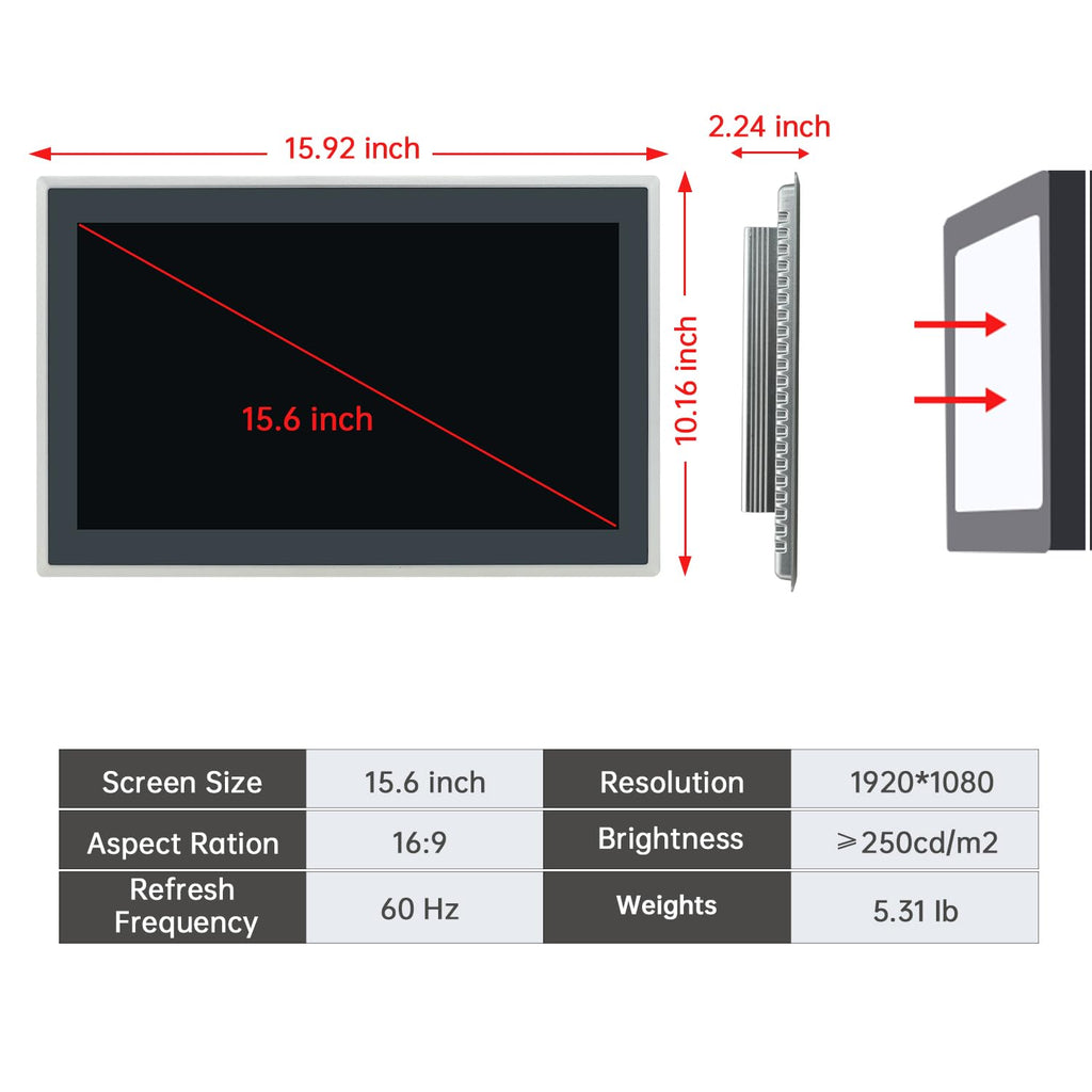 15.6-Inch Industrial Embedded Panel PC, Ratio 16:9 Multi-Touchscreen-Monitor,Industrial Touch Screen Panel Computer,WiFi & Built-in Speakers,IP65 Front,Win 10 I5 RAM 8G+256G SSD