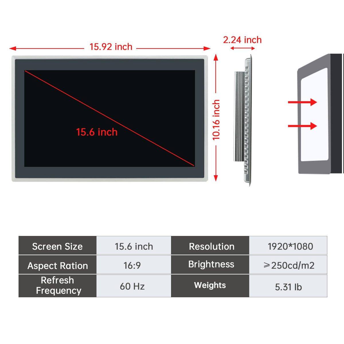 15.6-Inch Industrial Embedded Panel PC, Ratio 16:9 Multi-Touchscreen-Monitor,Industrial Touch Screen Panel Computer,WiFi & Built-in Speakers,IP65 Front,Win 10 I5 RAM 8G+256G SSD