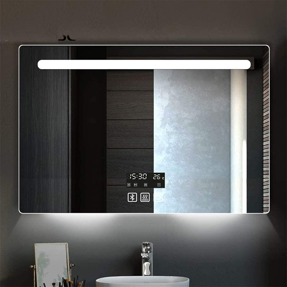 Waterproof Illuminated Led Bathroom Mirror 60X80Cm Smart Led Illuminated Bathroom Wall-Mounted Mirror with Touch Switch with Speaker + Time/Temperature Display + Heated Pad