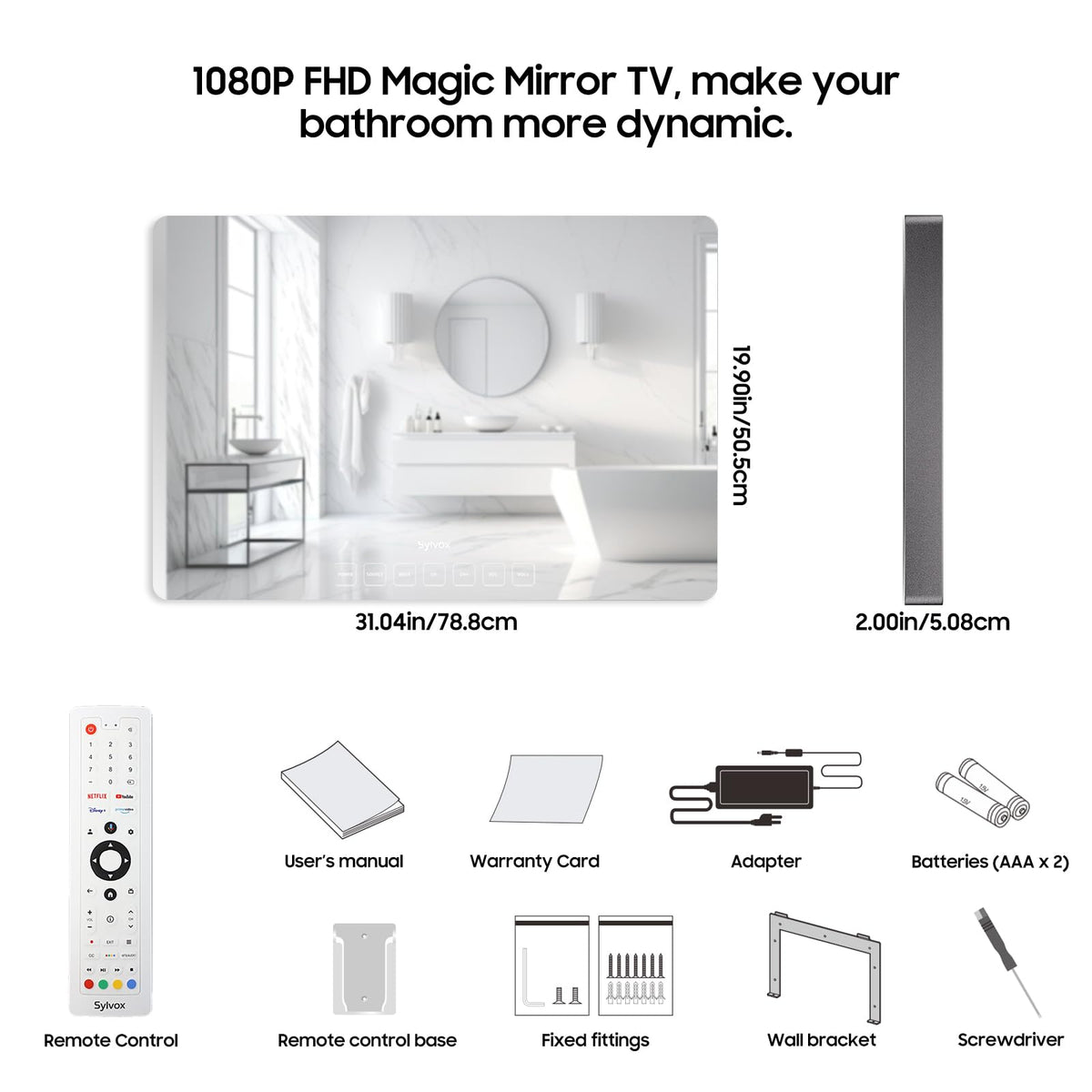 SYLVOX 32'' Smart TV, 12volt Bathroom Magic Mirror, IP66 Waterproof TV