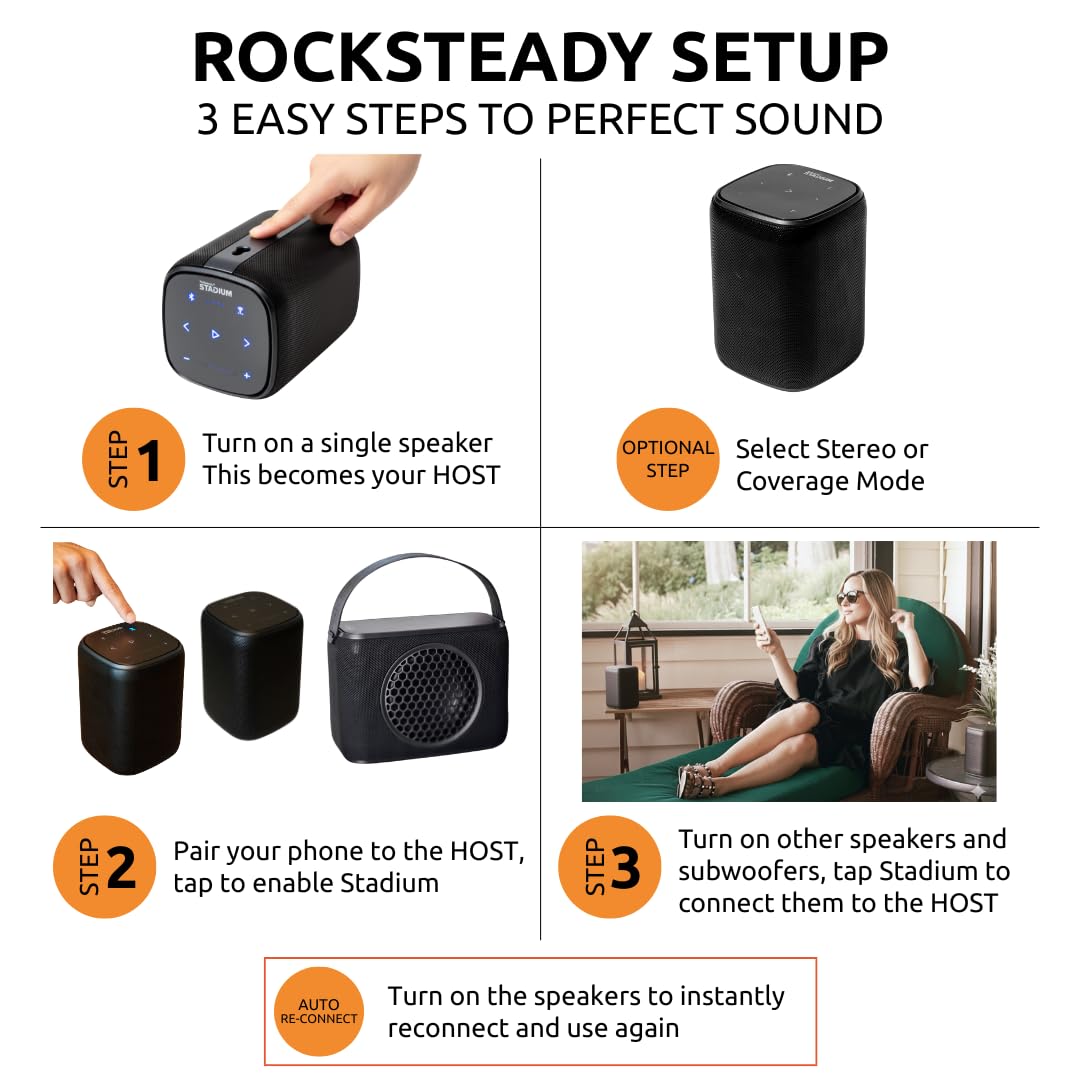 Rocksteady Stadium 2 Bluetooth Speaker Bundle – 4 Speakers | Multi-Room Wireless Sound System | Up to 30-Hr Battery | 150 ft Range | Stereo L/R Config