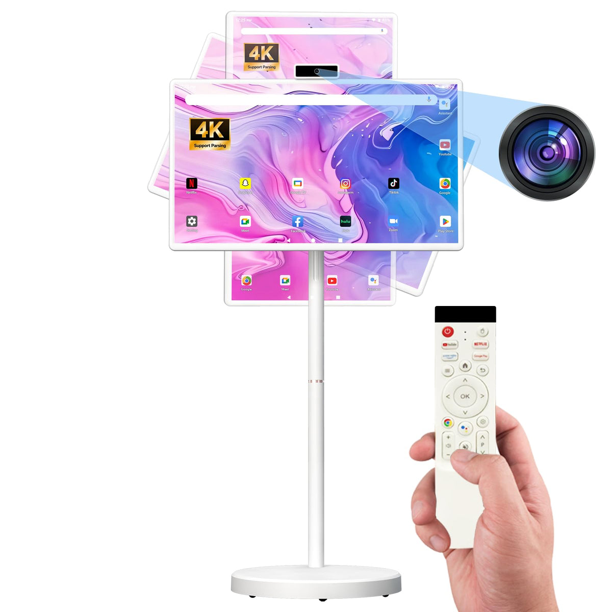 32-Inch FHD Smart Portable TV, Rolling TV on Wheels, Built-in Battery, Android 15 OS, Touch Screen Monitor, 6GB RAM + 128GB Storage, 8MP Camera, Full Swivel Rotation, Voice Remote