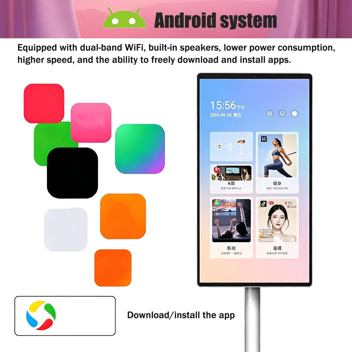 Smart Portable TV On Wheels, Touch Screen Monitor with 4K HD Display, Android 13 OS, Full Swivel Rotation, Speakers & Wireless Connectivity for Home/Office/Travel(27inches,8GB+128GB)