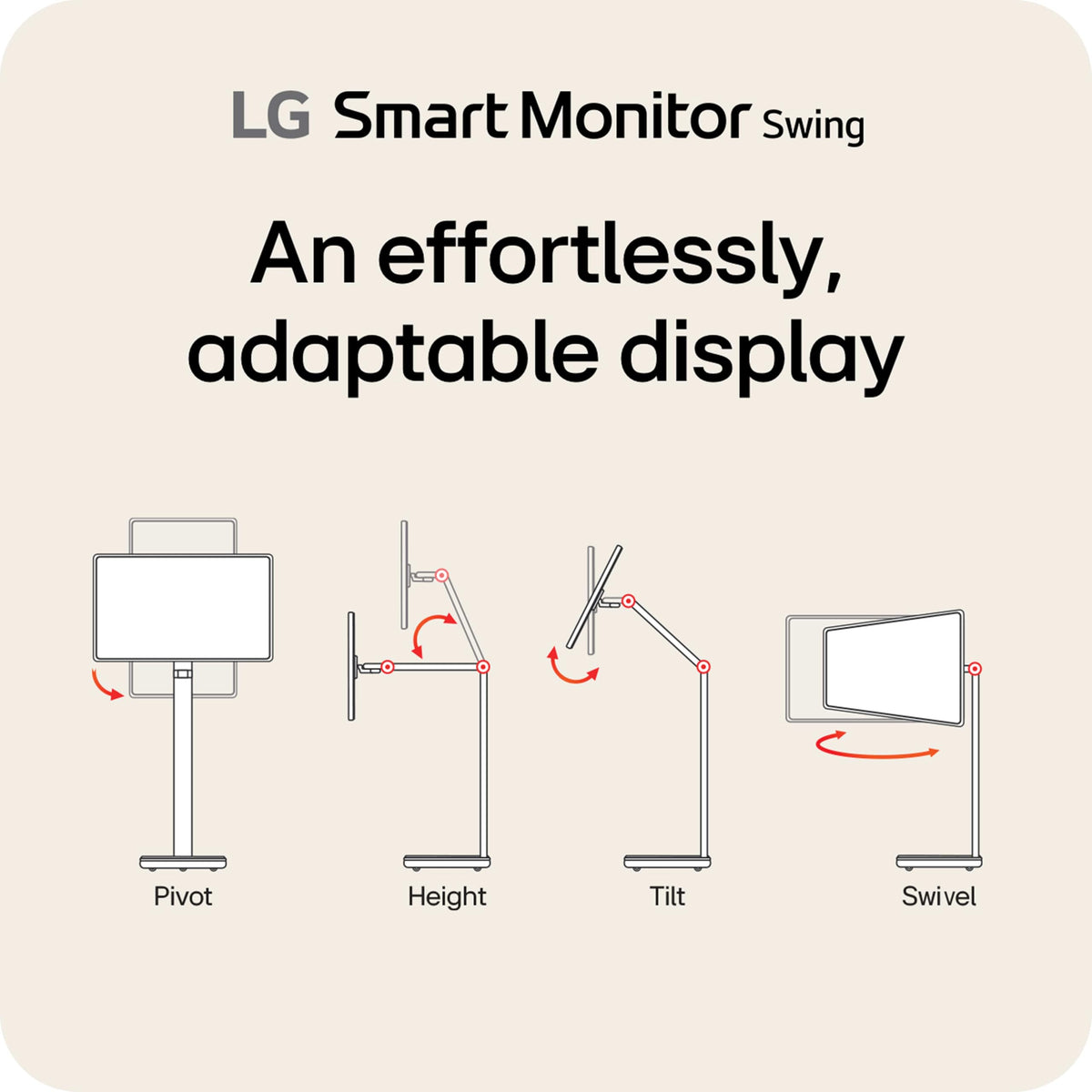 LG Smart Monitor Swing 32U889SA-W 32-Inch 4K UHD (3840x2160) IPS Touchscreen on a Fully Adjustable Wheeled Base HDR10, webOS, Built-in Speaker, HDMI, USB Type-C, Tilt/Height/Swivel/Pivot Stand, White