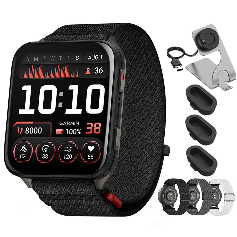 Garmin Venu X1 Premium GPS Smartwatch Black Titanium 010-02980-00 Bundle with Deco Essentials Nylon Elastic Bands 24mm 3 Pack, Charging Dock and Silicone Dust Cover 3 Pack