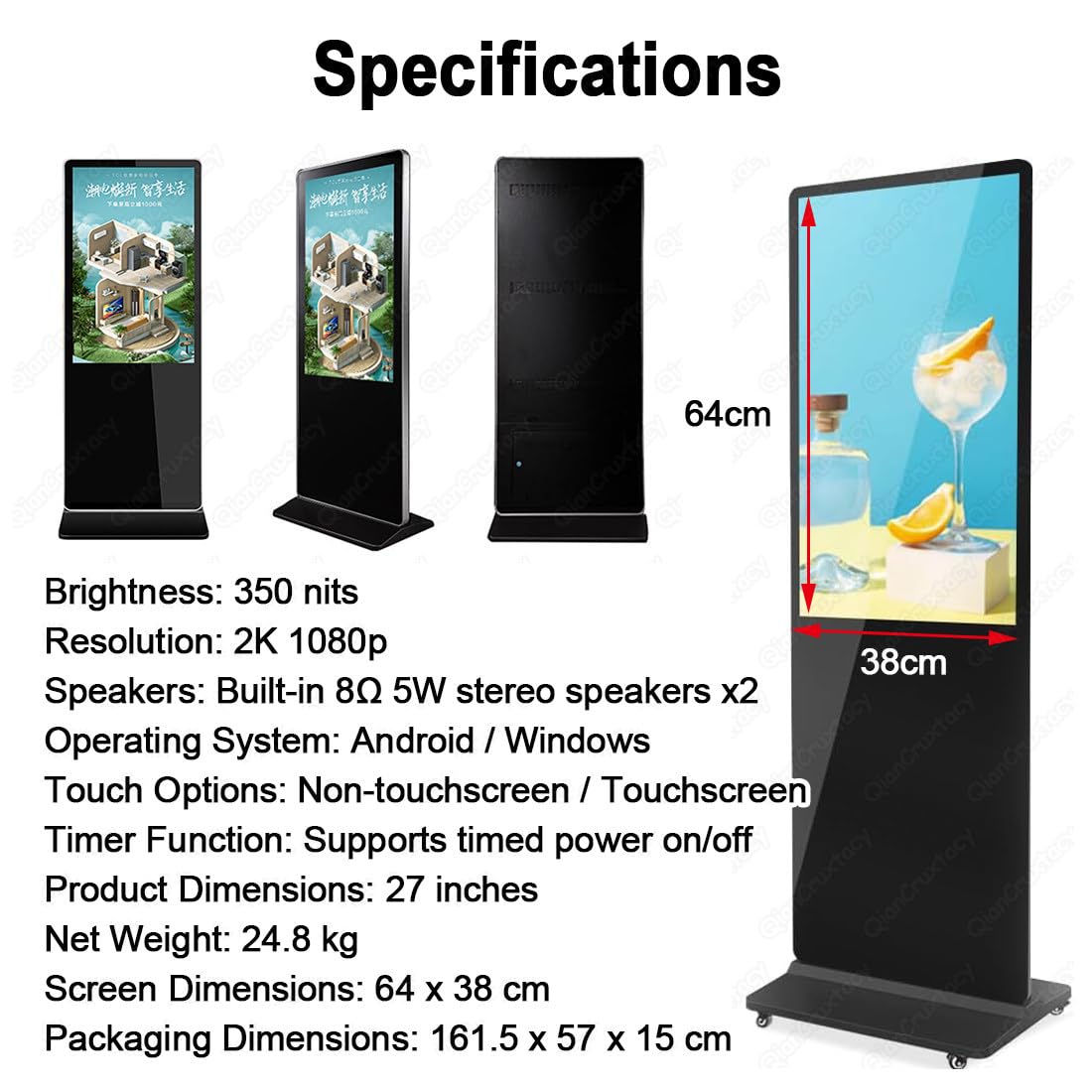 27 Inch Vertical Digital Signage Advertising Display, Android Smart Operating System, Support WiFi/HDMI/USB Multi-Media Input, Built-in Stereo Speakers, Auto Media Loop Playback (NonTouch)