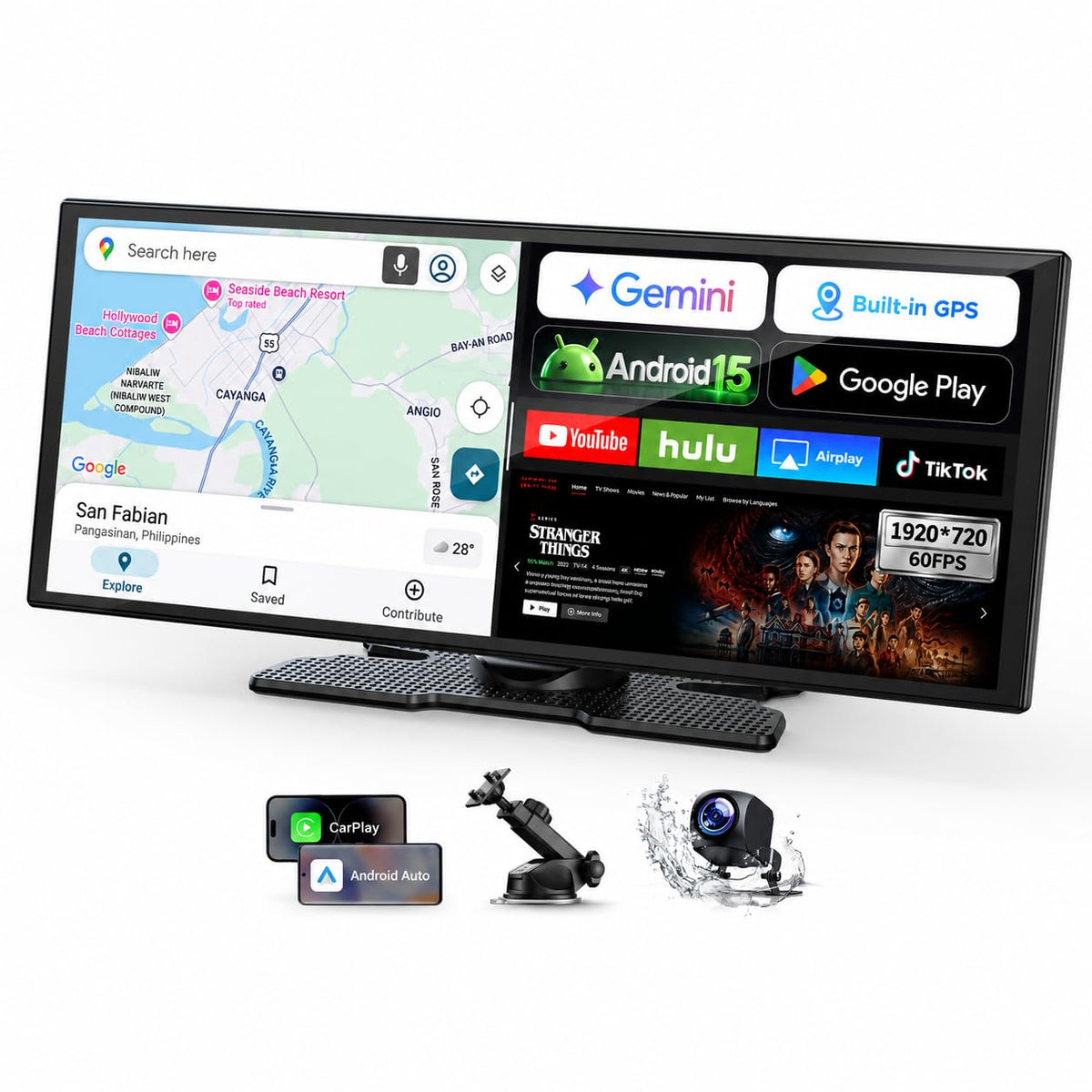 LAMTTO 11" AI Wireless CarPlay Screen with Google Play & Android 15