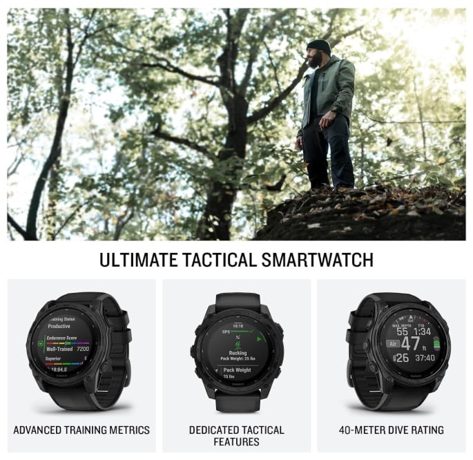 Garmin Tactix 8, 51mm Solar, Elite, Titanium Bezel, Sapphire Lens, Premium Tactical GPS Smartwatch, Includes Applied Ballistics Ultralight Elite Solver, 40 M Dive Rating w Earbuds Bundle