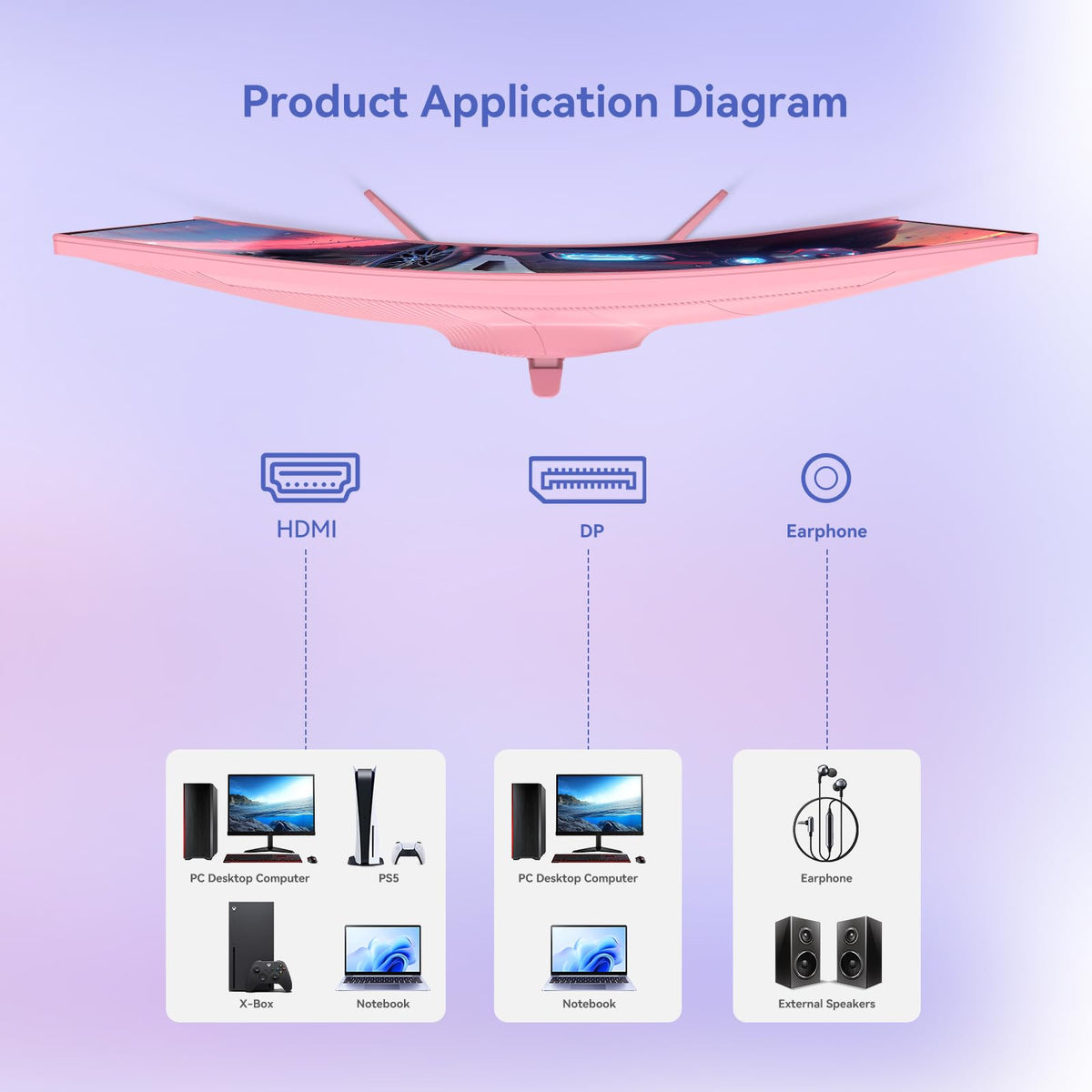 27 Inch Pink Curved Computer Monitor, FHD 1080P 100Hz, Eye Care
