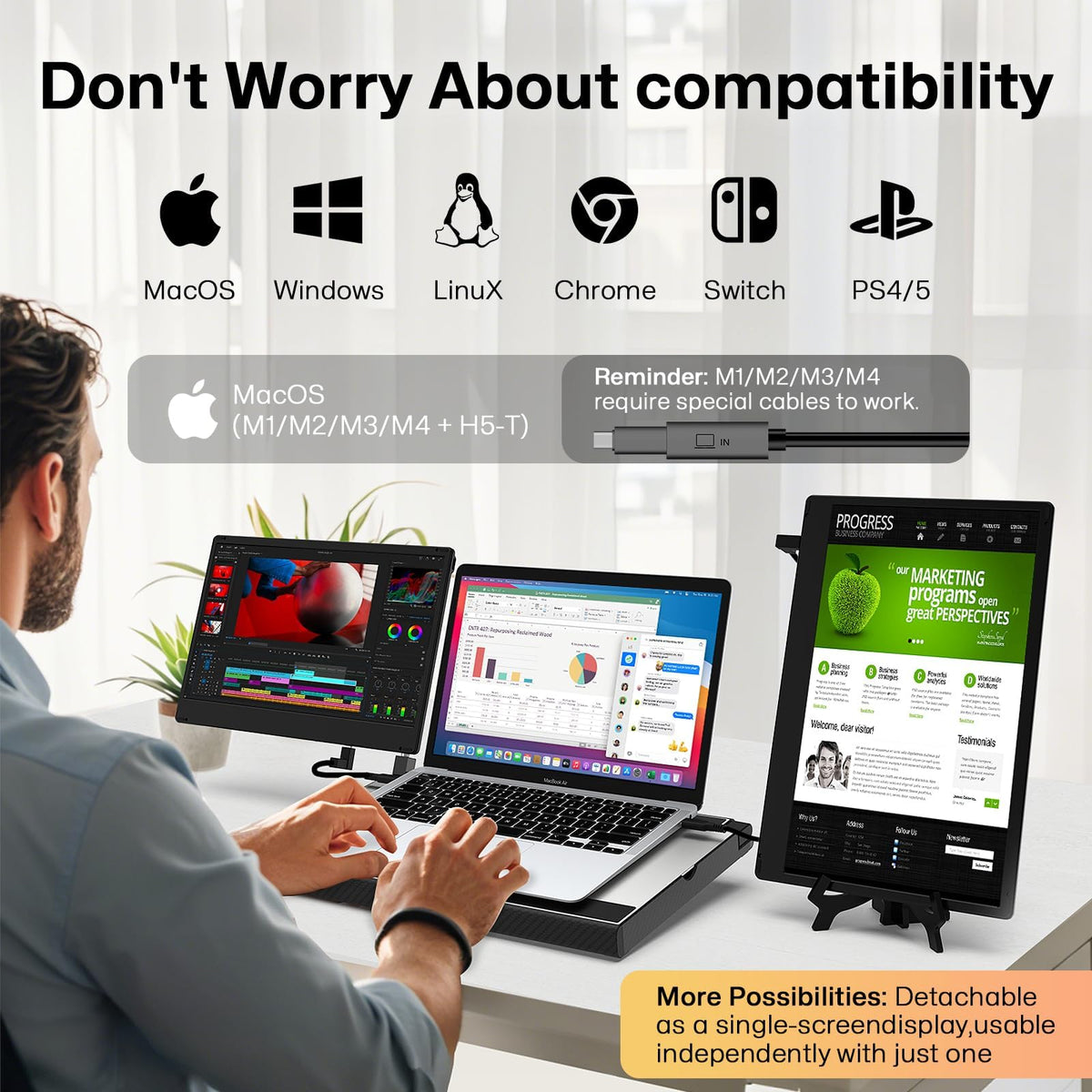 BreezyLife 14" Laptop Screen Extender Smart Base - Upgraded Triple Portable Monitor FHD 1080P Plug-Play USB C/HDMI,Laptop Monitor Extender for Win/Mac, 300% More Efficient