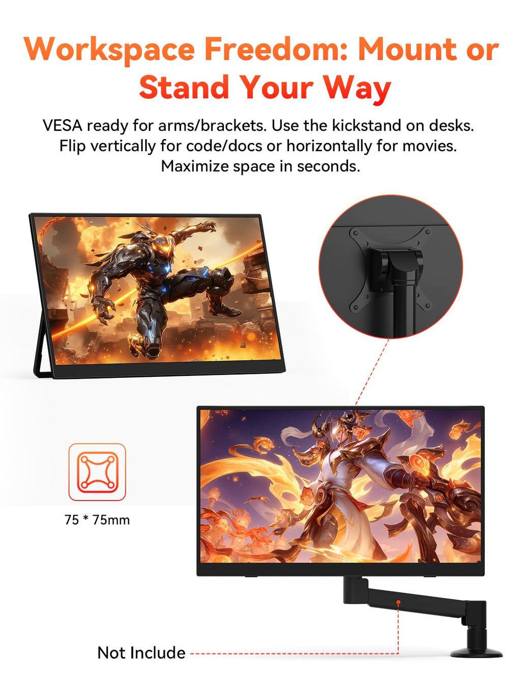 HotYeah 16" 2.5K 144Hz Portable Gaming Monitor, 2560x1600 QHD 125% sRGB
