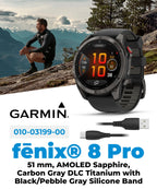 Wearable4U Garmin Fenix 8 Pro – 51mm AMOLED LTE & Satellite Connected Multisport GPS Smartwatch, inReach Technology: Sapphire Carbon Gray DLC Titanium w/Black-Pebble Gray Silicone Band Power Bundle