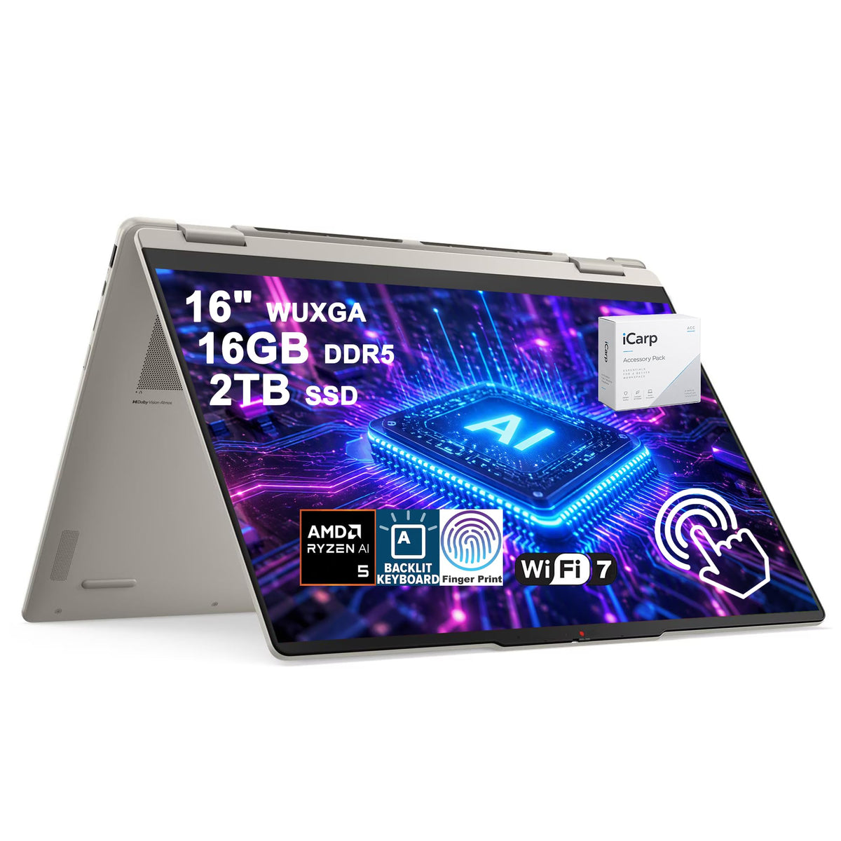 Lenovo Yoga 7 2-in-1 AI Laptop 16" WUXGA Touch AMD 4-core Ryzen AI 5 430 (Up to 50 NPU Tops) 16GB DDR5 512GB SSD Backlit Fingerprint Wi-Fi7 for Creator Business Professional Win11 ICP Accessory