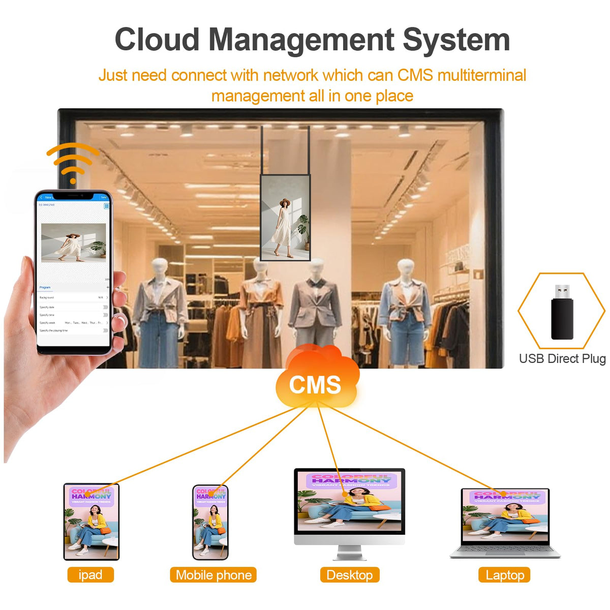 43Inch Window Digital Signage Hanging Advertising Display, 2500nits High Brightness Indoor Digital Signage, CMS/U-Disk Plug&Play, Smart Split Screen, 24/7 Operation, HDMI/USB/WiFi/Android System