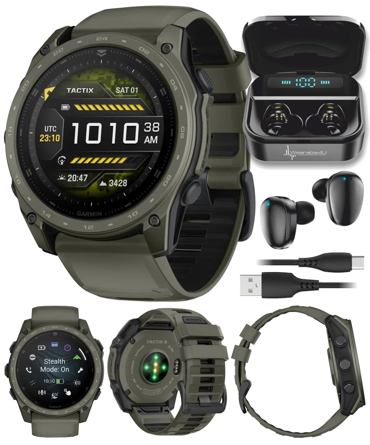 Garmin Tactix 8 51mm Cerakоtе, Premium Tactical GPS Smartwatch, AMOLED Display, Applied Ballistics Solver, Olive Drab Cerakоtе Coating Black Earbuds Bundle