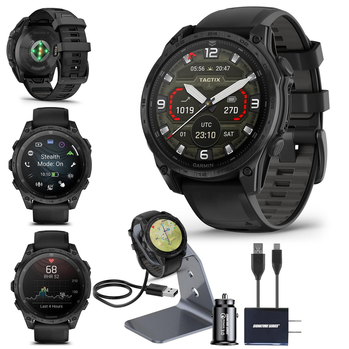 Garmin tactix 8 AMOLED Edition Premium Tactical GPS Smartwatch | 47mm, Applied Ballistics Ultralight Solver, Stealth Mode, Flashlight, Mapping, Health Metrics, with Signature Series Charger Bundle