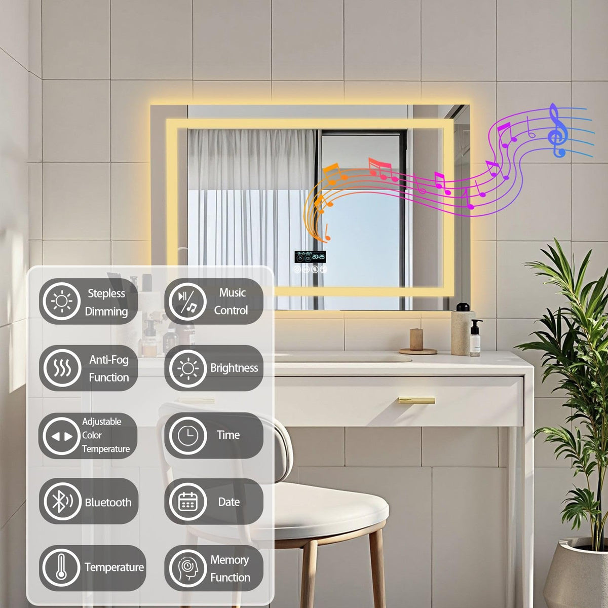 Smart LED Bathroom Mirror: Bluetooth Mirror Rectangular 32x24 inch