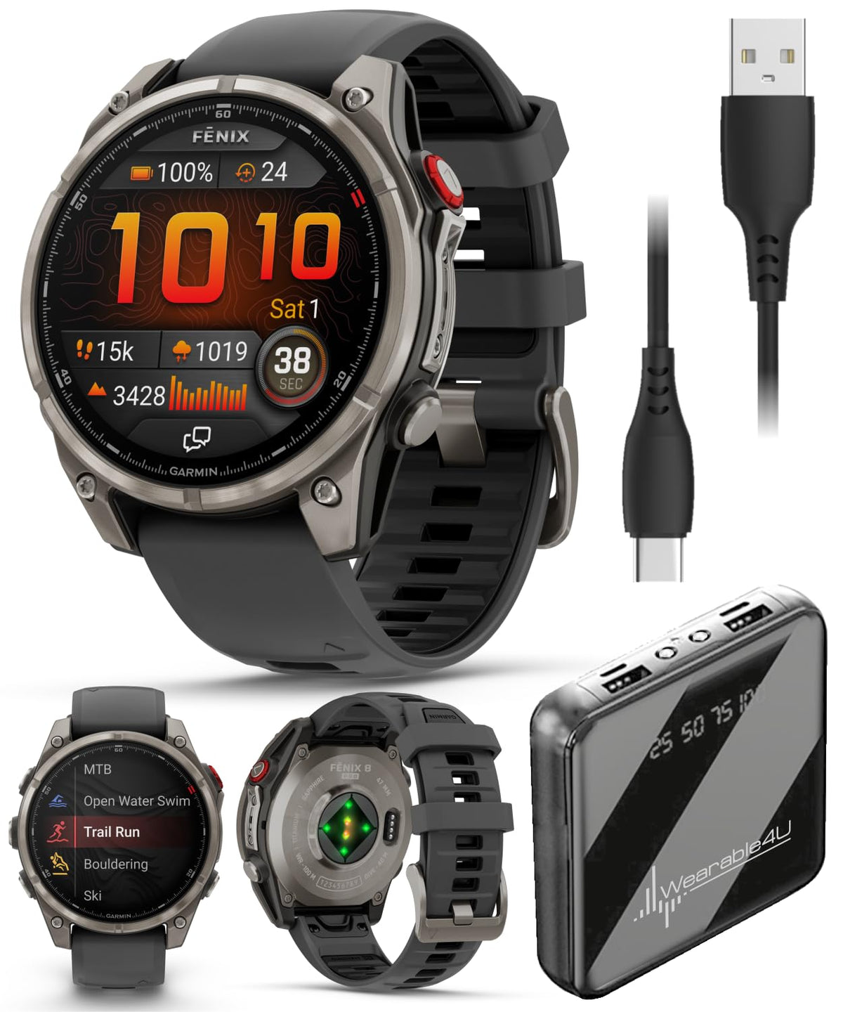 Wearable4U Garmin Fenix 8 Pro – 51mm AMOLED LTE & Satellite Connected Multisport GPS Smartwatch, inReach Technology: Sapphire Carbon Gray DLC Titanium w/Black-Pebble Gray Silicone Band Power Bundle
