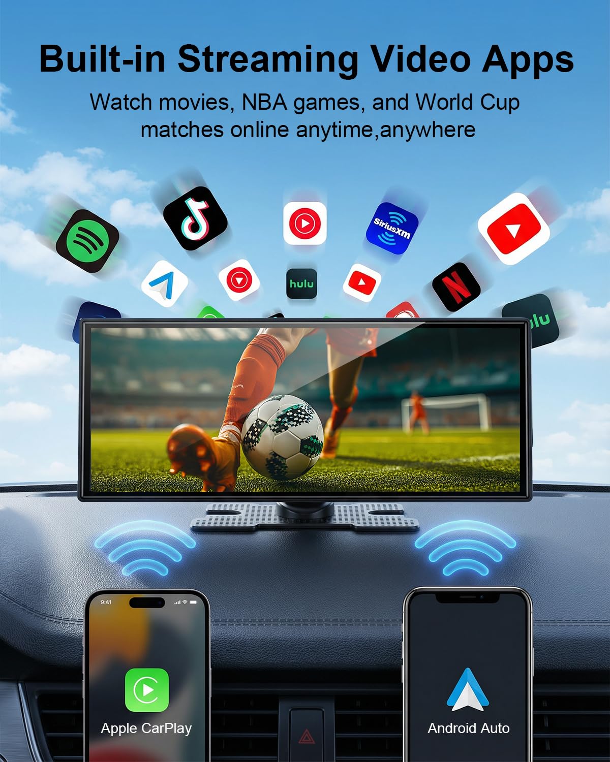 11'' Wireless Carplay Screen with Net-Flix YouTube Apps and Backup Camera, Upgraded in-Cell HD Touchscreen with CarPlay & Android Auto, WiFi, GPS Navigation Voice Assistant for All Vehicles