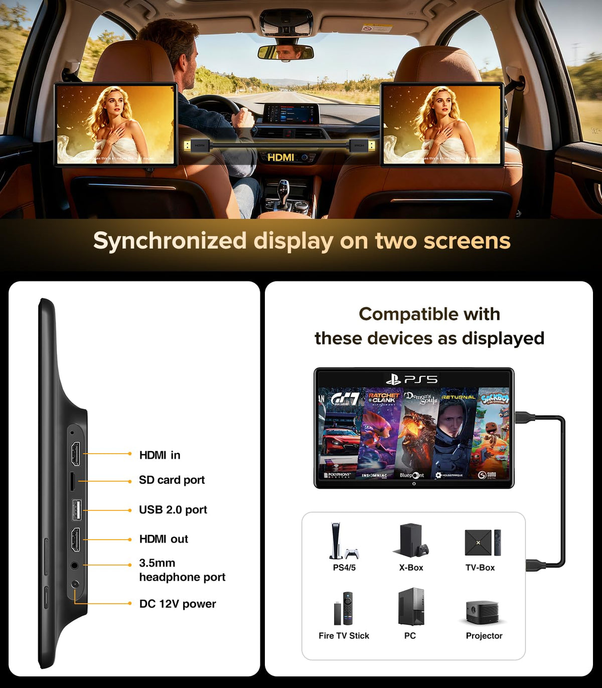 13.5" Dual 4K Headrest Monitors Car TV Rear Seat Entertainment System