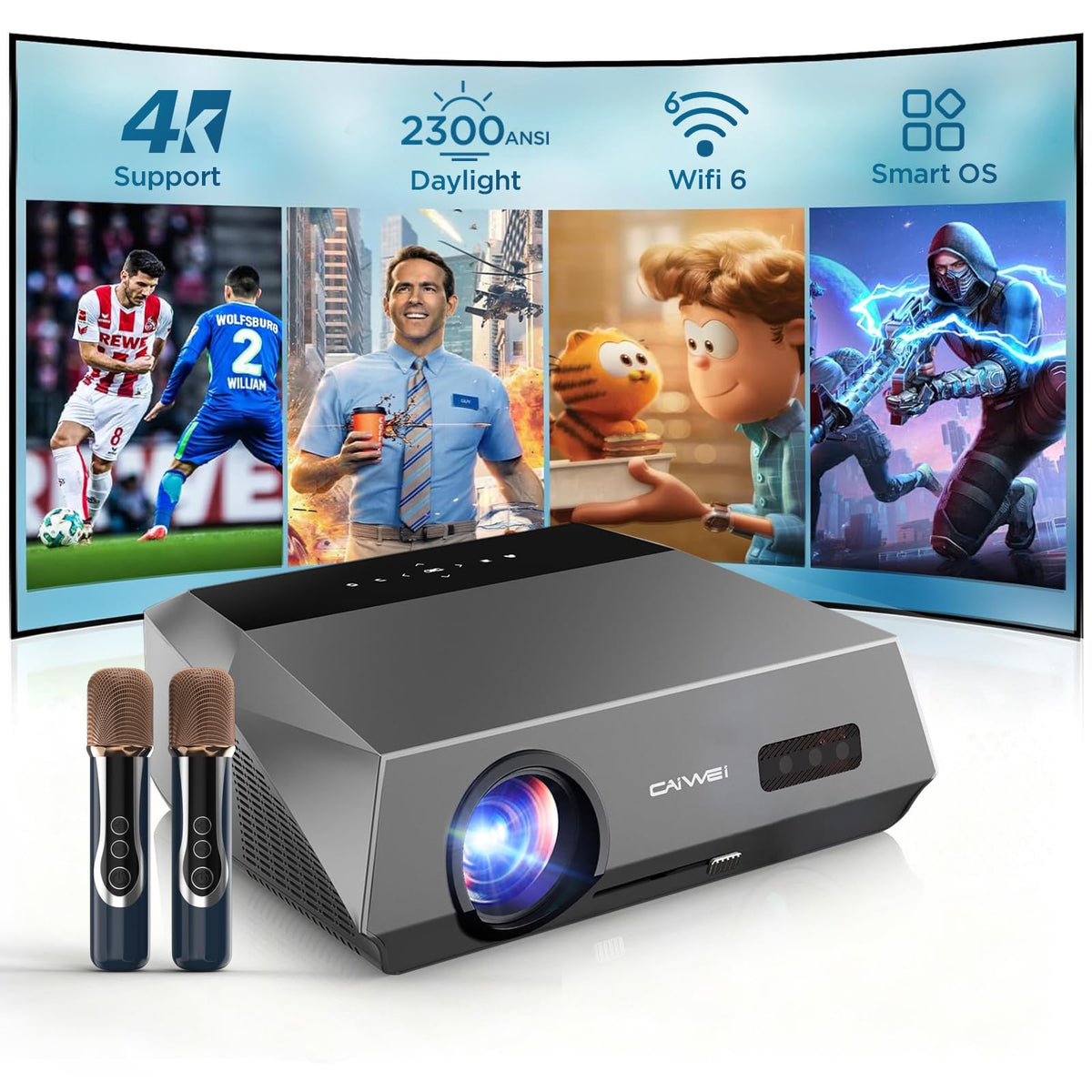 Daylight 4K Projector True 2300ANSI High Bright Home Theater Karaoke 2 Mics