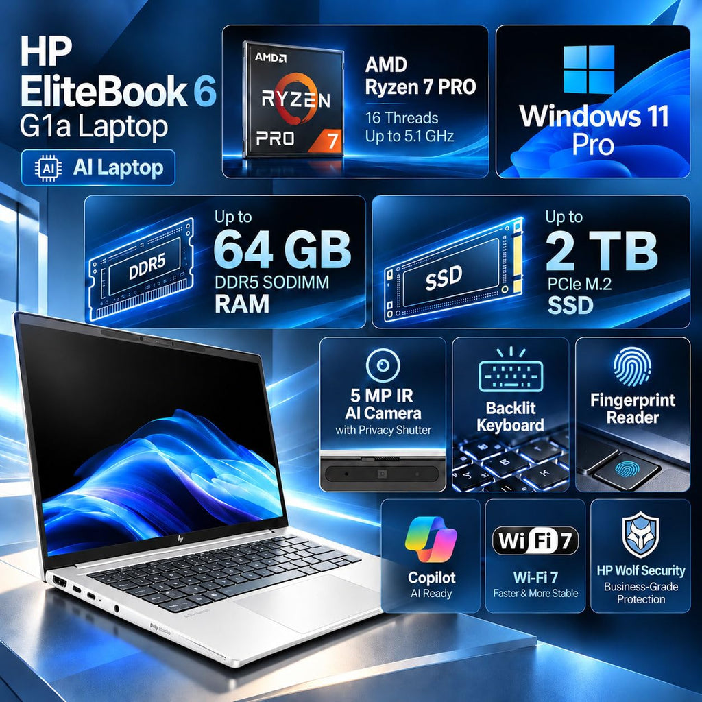 HP EliteBook 6 G1a 14" Premium Business Laptop, AMD Ryzen 7 PRO 250(Beats Intel Ultra 7 165U), 16GB DDR5 RAM, 512GB SSD, WUXGA IPS, Wi-Fi 7, Backlit Key, Fingerprint, Wolf Pro Security, Windows 11 Pro