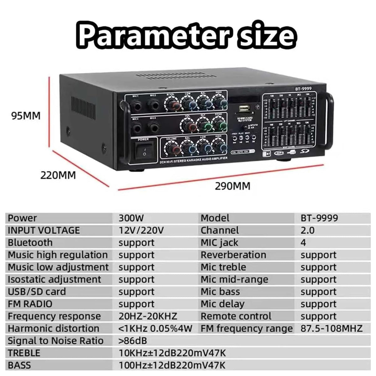 Stereo Audio Amplifier, Professional 300w Power Eq Digital Amplifier, Support Fm USB/sd Input Mic, with Remote Control, for Home Speakers, Studio and Live Sound B