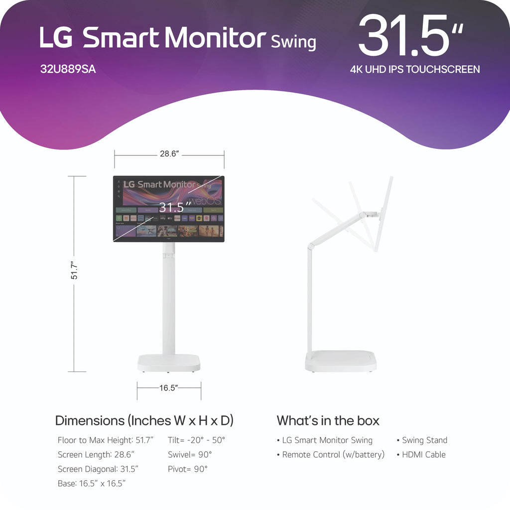 LG Smart Monitor Swing 32U889SA-W 32-Inch 4K UHD (3840x2160) IPS Touchscreen on a Fully Adjustable Wheeled Base HDR10, webOS, Built-in Speaker, HDMI, USB Type-C, Tilt/Height/Swivel/Pivot Stand, White