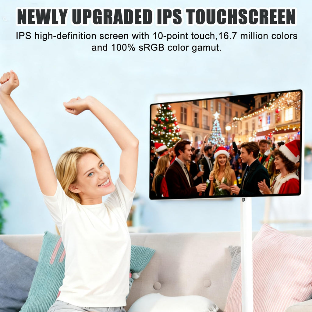Portable Smart TV 24/27/32-inch Touchscreen Monitor, Mobile Display On Wheels with 7800mAh Battery, Dual 10W Speakers Professional Commercial Display Solution 27in6+64g
