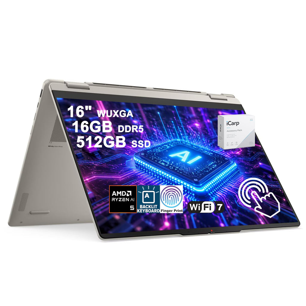 Lenovo Yoga 7 2-in-1 AI Laptop 16" WUXGA Touch AMD 4-core Ryzen AI 5 430 (Up to 50 NPU Tops) 16GB DDR5 512GB SSD Backlit Fingerprint Wi-Fi7 for Creator Business Professional Win11 ICP Accessory